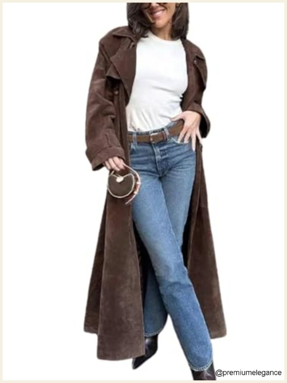 Women's Faux Suede Long Trench Coat Notched Lapel Double Breasted Pea Overcoat